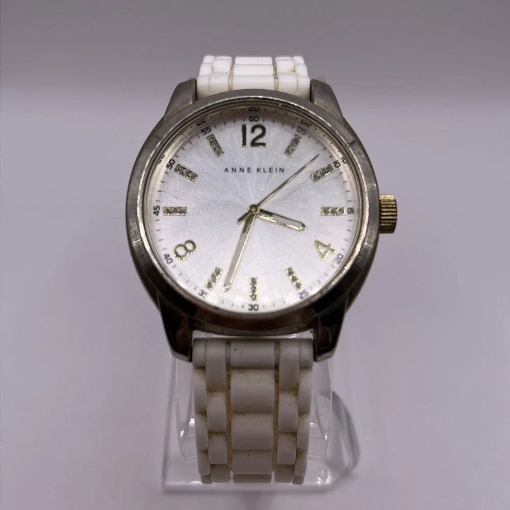 Anne Klein Women's Silver Tone Round Dial White‎ Silicone Band- New Battery!